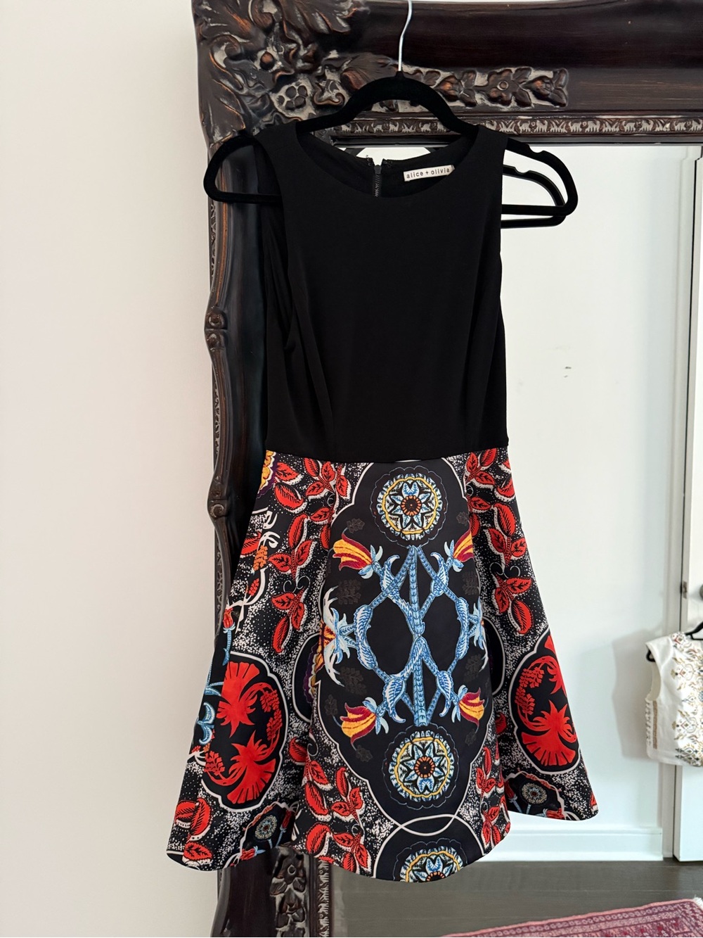 Alice + Olivia Black Bodice Dress with Red and Blue Patterned Skirt